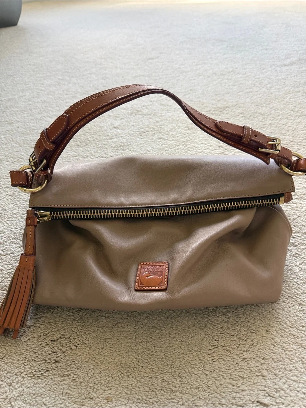 Taupe Leather Shoulder Bag with Chestnut Trim